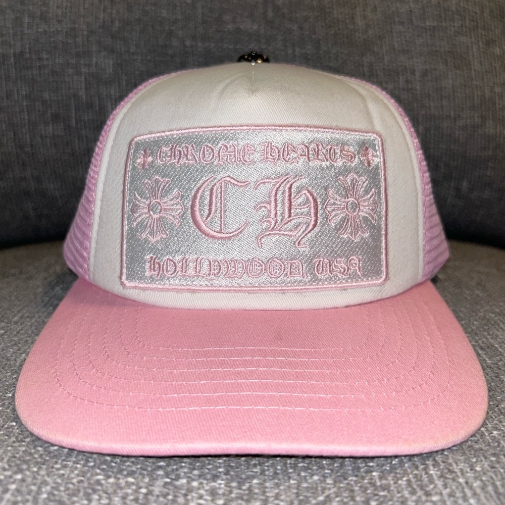 chrome hearts pink and white trucker hat